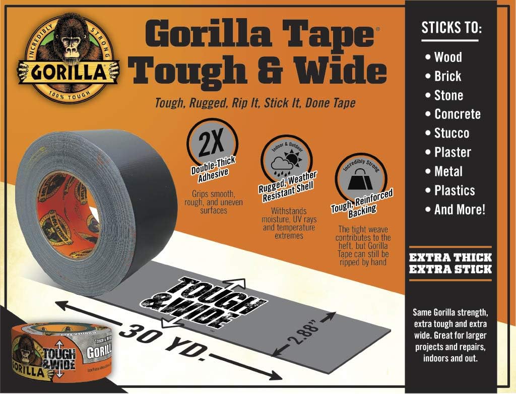 Gorilla Tough & Wide Duct Tape, 2.88" x 30 yd, Silver, (Pack of 1)
