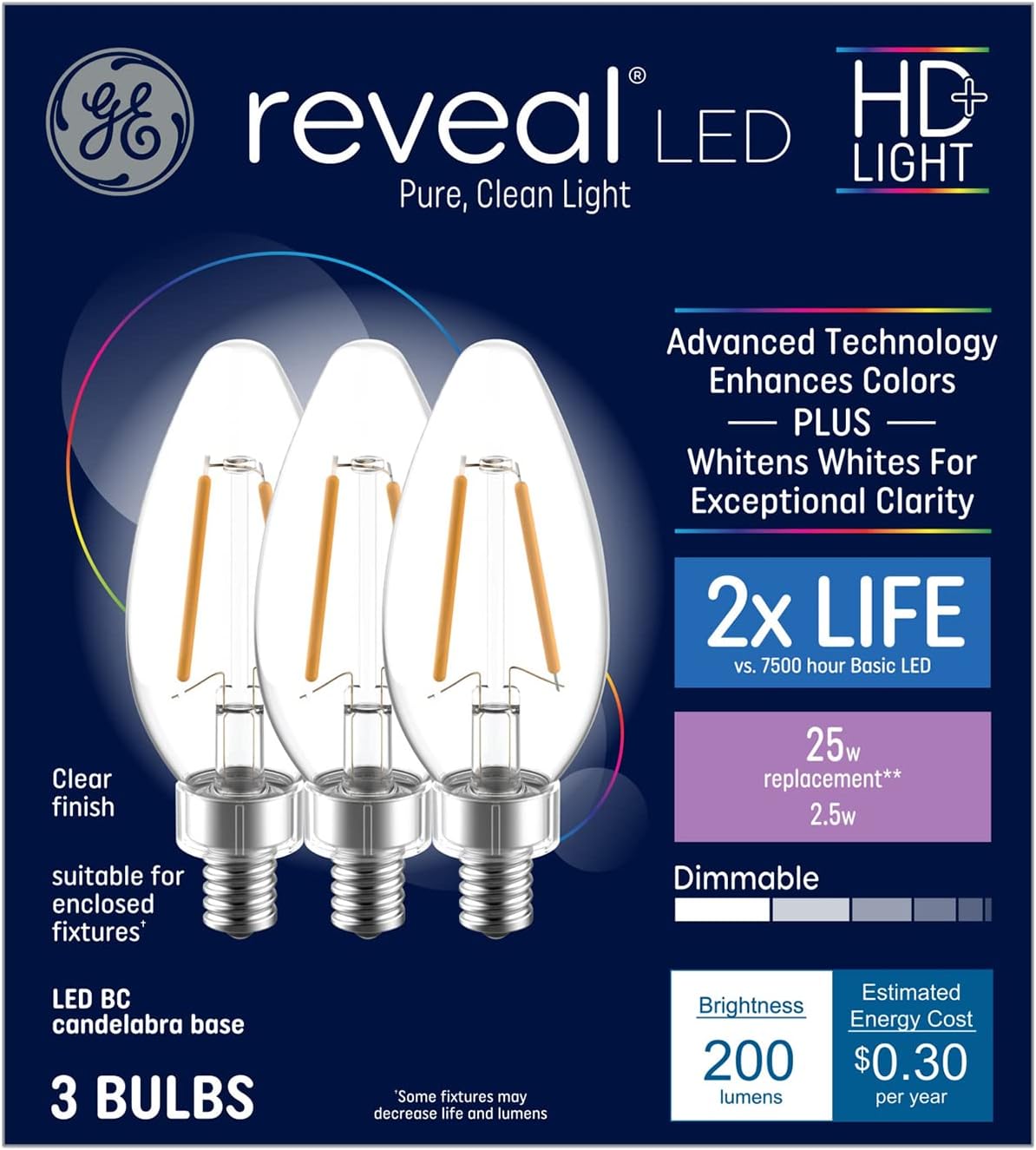 GE (3 Bulbs) 42465 Reveal LED 25Watt Equivalent LED Chandelier Bulb