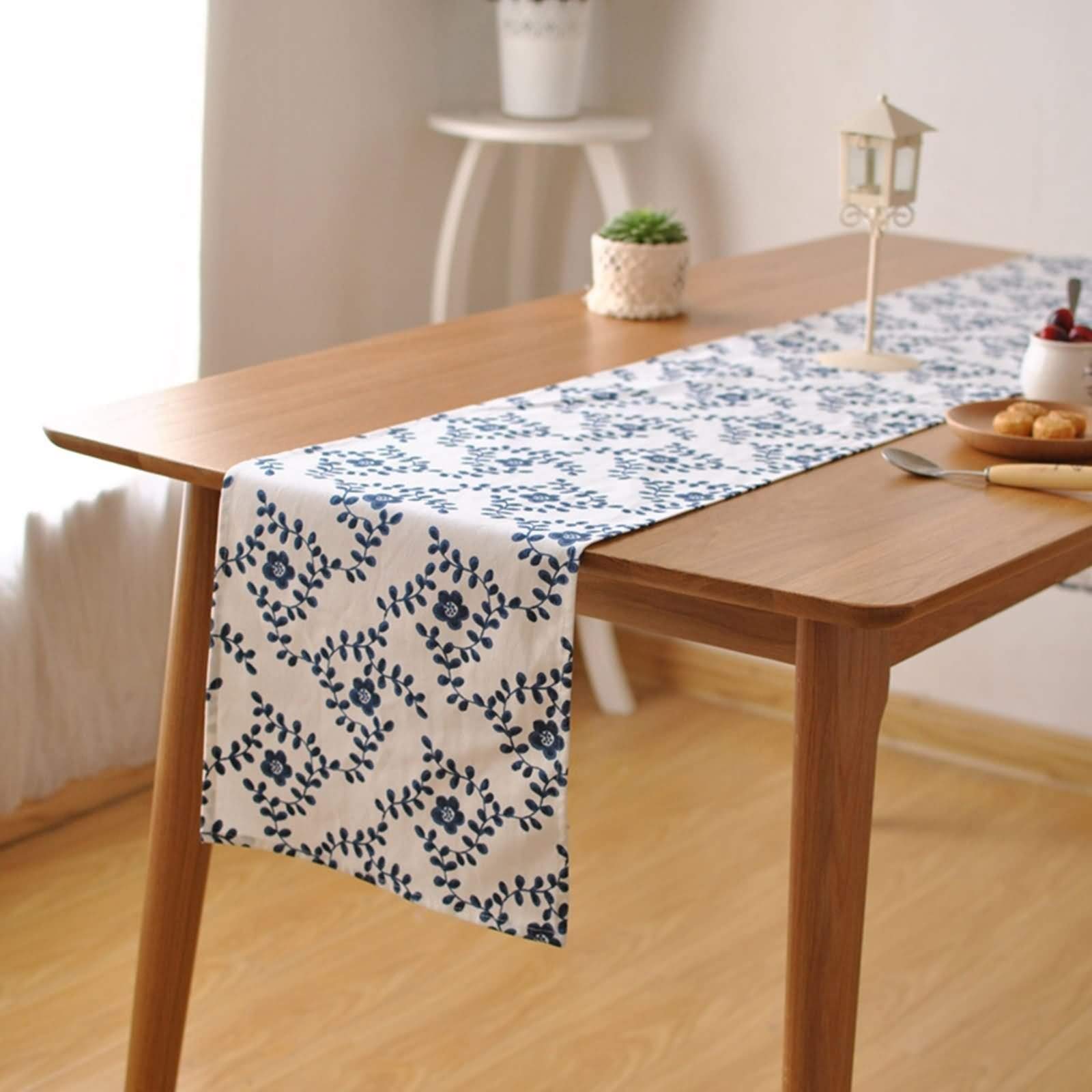 Świąteczny bieżnik na stół, świąteczny bieżnik na stół mały 35 x 220 cm niebieski biały kwiat wzór bawełna i len wesele urodziny dekoracja domu 35 x 220 cm