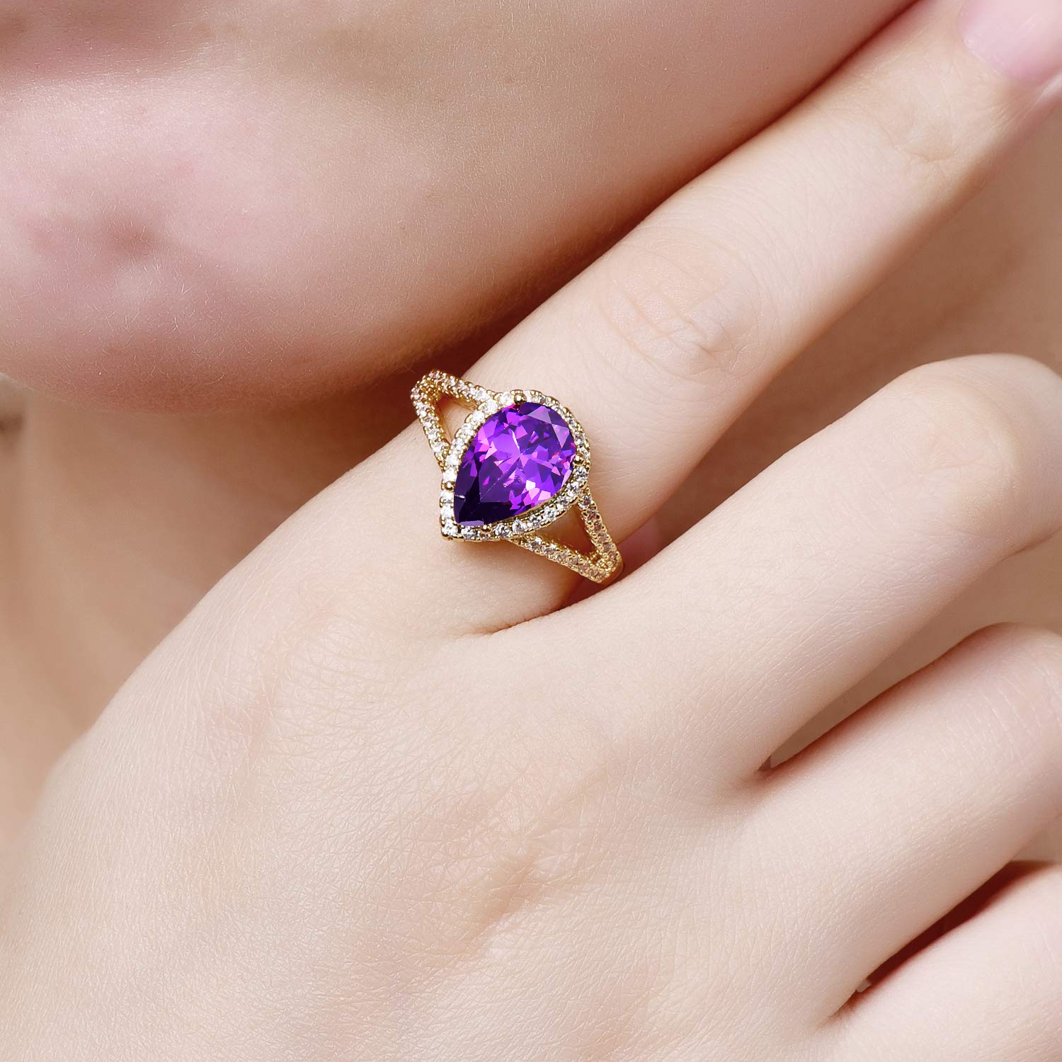 Emsione Gold Plated Created Amethyst Pear Cut Halo Split Shank Statement Eternity Anniversary Wedding Engagement Band Ring Size 9