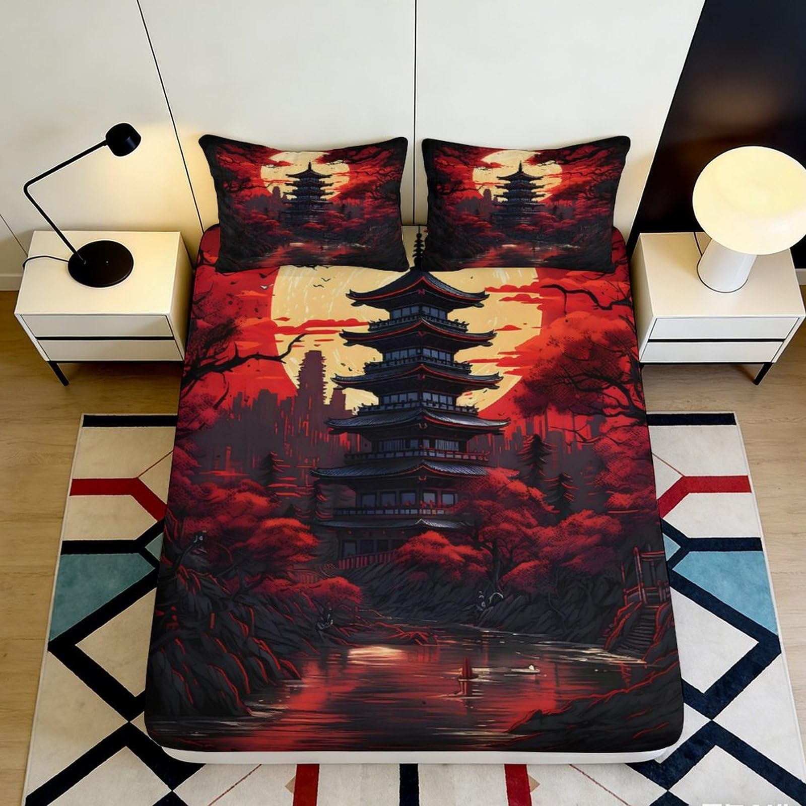 3D Printed Japanese Pagoda Fitted Sheet Microfiber Soft Breathable Red Sunset Bed Cover for Bedroom Dormitory Guest Room Mattress Protection Decor 140x200x25cm