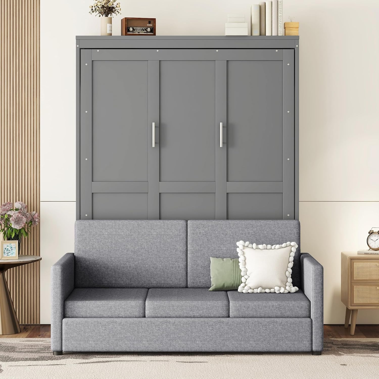 Queen Murphy Wall Bed with Sofa Cushion, Dual-Piston Fold Down, 8 in Mattress, 600 lb Capacity, 66.8 x 87 x 87.8 in - Grey - Queen