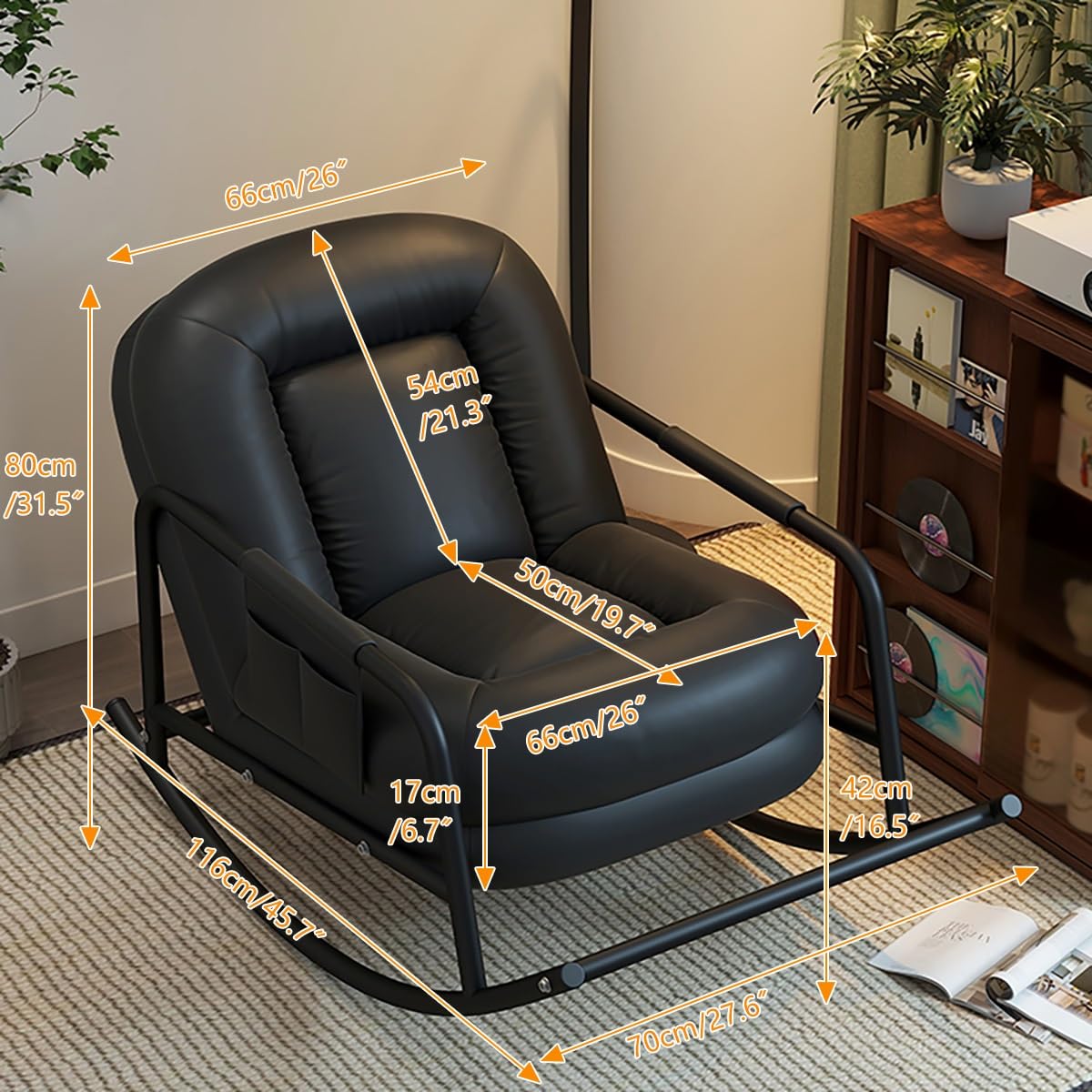 Oversized Rocking Chair with Cushion, Nursery Rocking Chairs with Foot Rest, Nursery Rocker with High Backrest with Armrest, Ergonomic Design, Sled-Style Curved Base for Bedroom, Living Room(Brown)