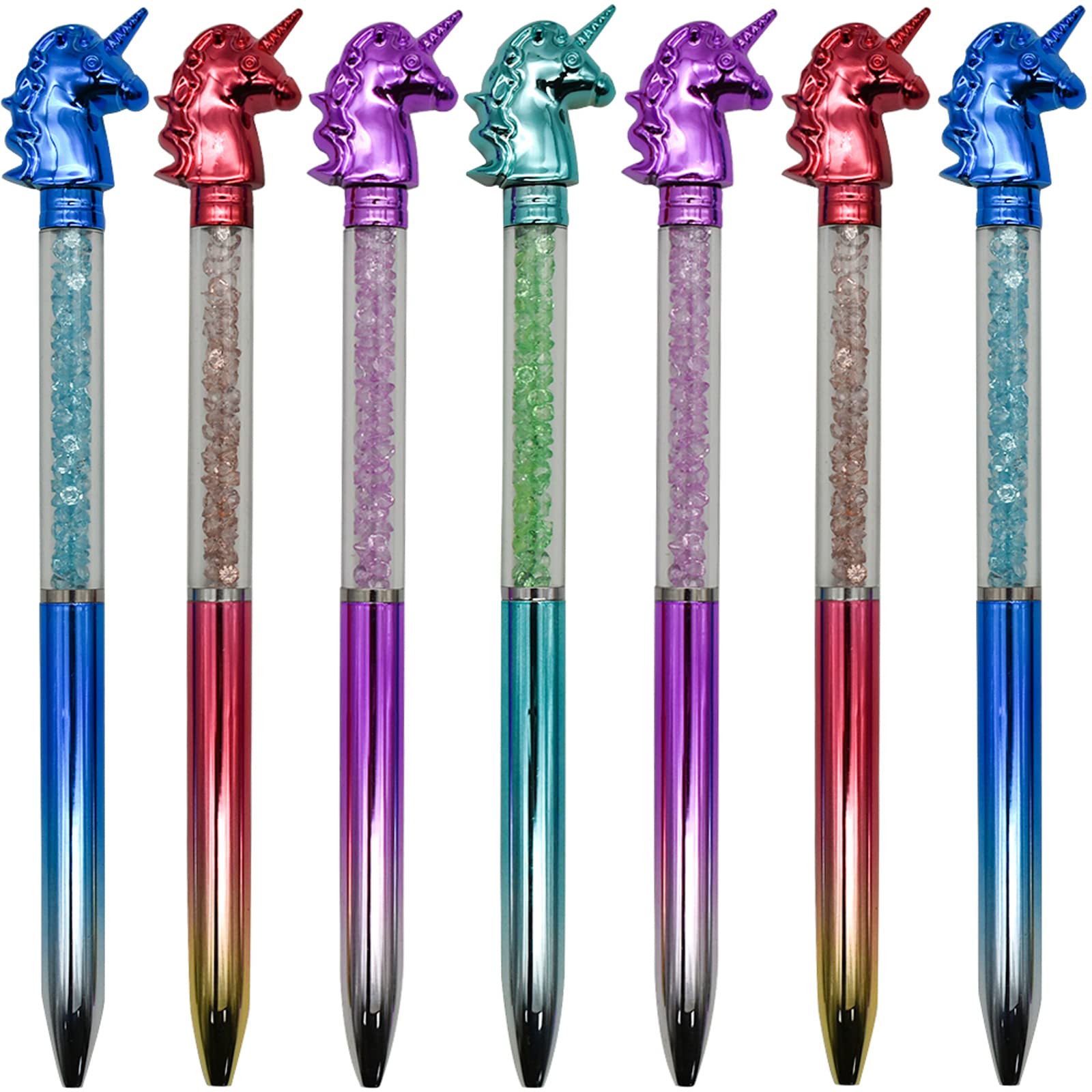 Maydahui Einziehbarer Einhorn-Kugelschreiber, bunte Kristalle, glitzernd, Treibsand-Stift, Tierstift, schwarze Tinte, für Mädchen, Schule, Büro, 12 Stück