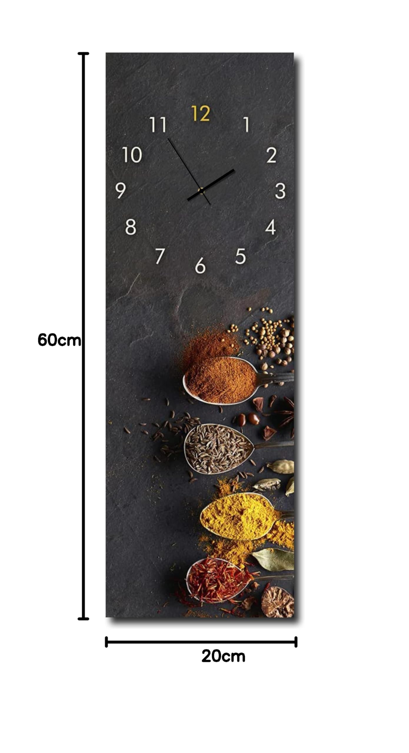 Wanduhr Spices & Spoons 20 x 60 cm | lautlose Uhr aus Glas Made in EU - Glasuhr inklusive Wandaufhängung - Wanduhr ohne Tickgeräusche mit Metallzeiger | Küchenuhr Küche | eckig | analog modern