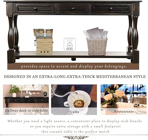 Miniatura 48 de Mesa consola de madera maciza de 48 pulgadas, mesa auxiliar moderna para sofá de entrada con 3 cajones de almacenamiento y 2 estantes. Fácil de