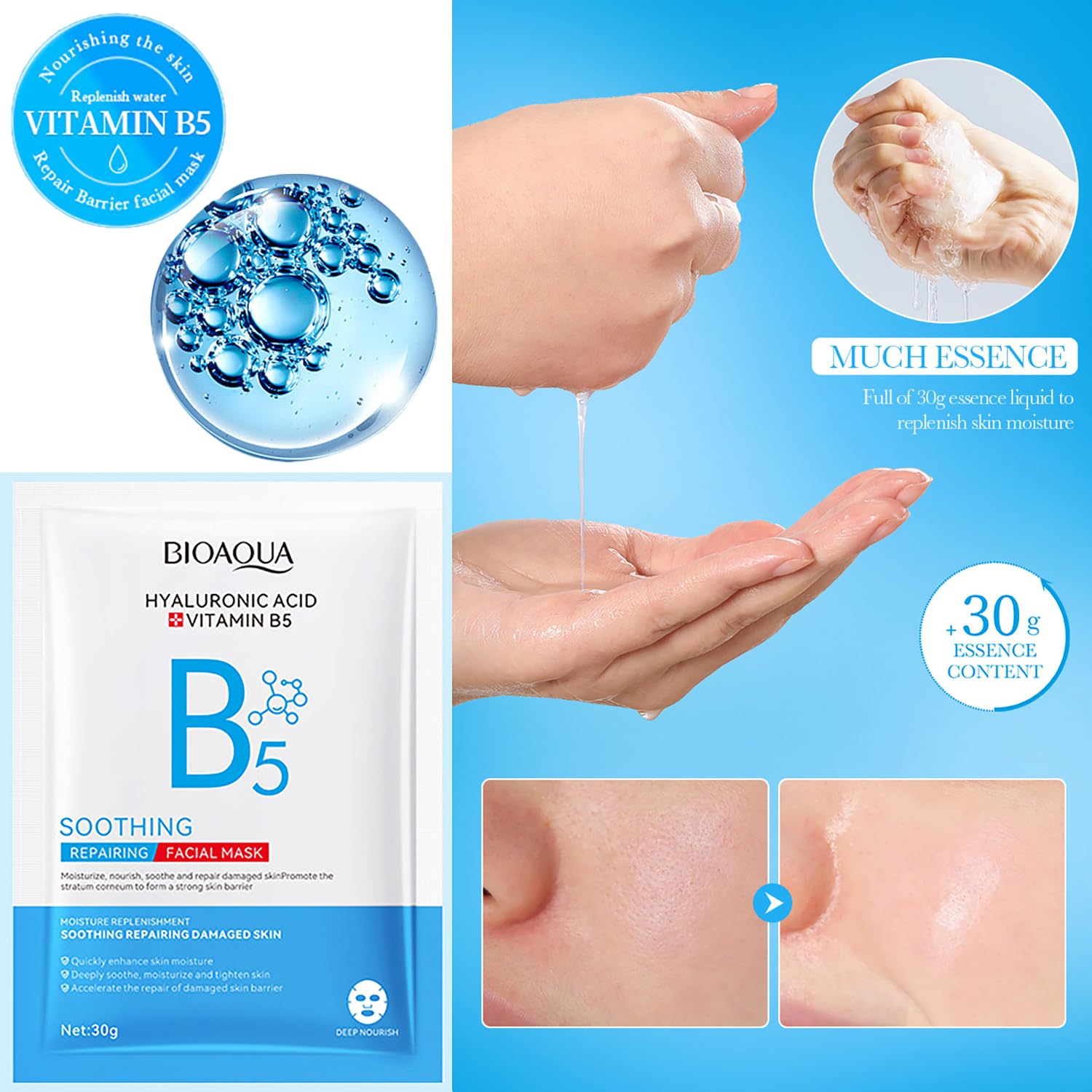 Amazon.com: BIOAQUA Ácido hialurónico Vitamina B5 Calmante Reparación  Facial Mascarilla Hidratante Nutre Reparación de la Piel de la Cara 1.06 oz  x 5pcs : Belleza y Cuidado Personal