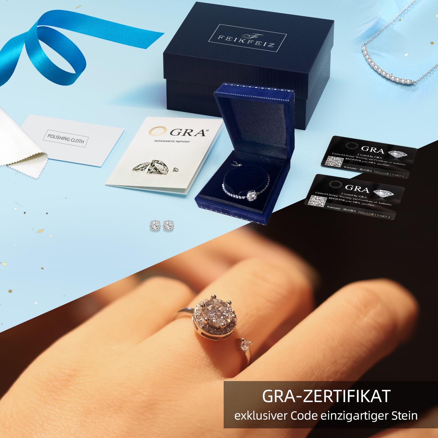 FEIKFEIZ Damen-Moissanit-Ring, 1 CT im Labor gezüchtete Diamanten, 925er Silber mit 18K Weißgold plattiert, verstellbarer Silberring, Verlobungsring, Schmuckgeschenk.