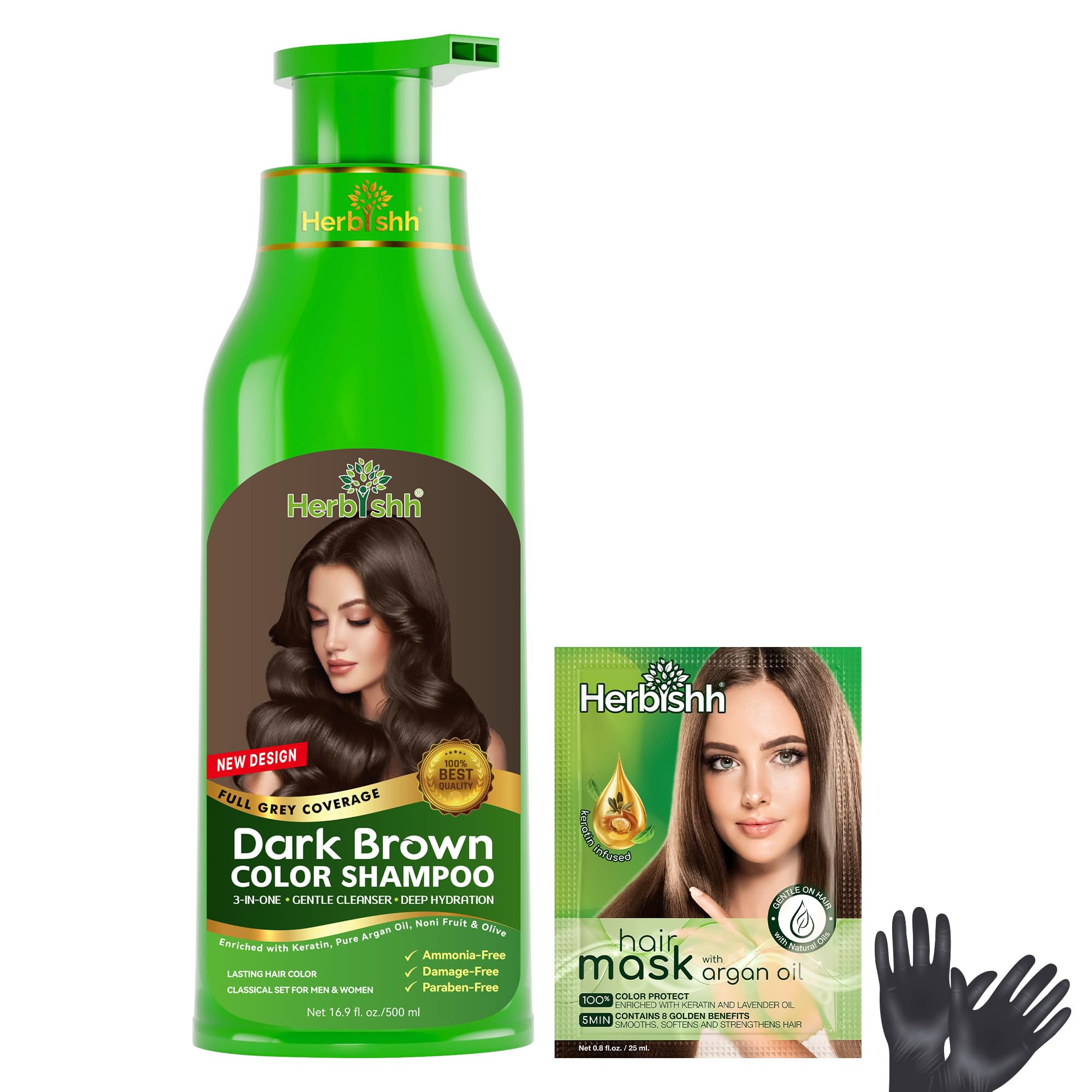 Herbishh Hair Color Shampoo - Magic Dye for Gray Hair, Lasting Color in Minutes - 500 Ml, 3-In-1, Ammonia-Free (Dark Brown)