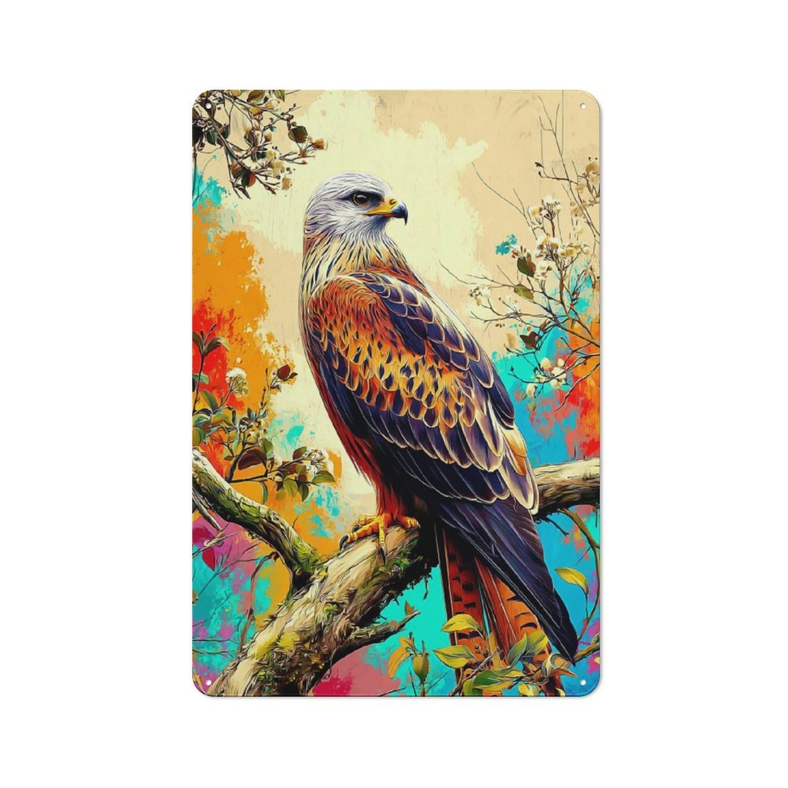 Colorful Eagle Perched on Branch -2 Farmhouse Metal Sign 30x20cm, Barn Style Rustic Kitchen Decor for Cottage, Kitchen, Hallway Or Breakfast Nook
