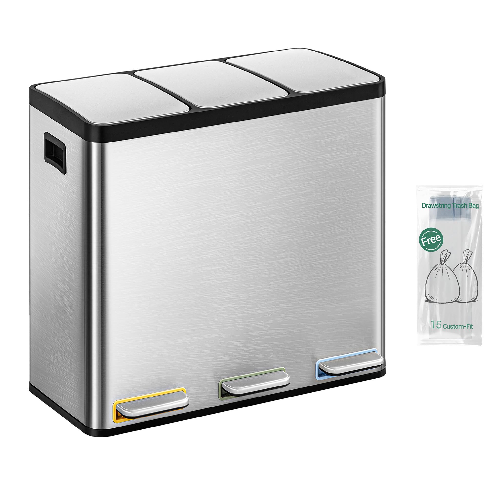 Hzuaneri Mülleimer Küche, Mülltrennsystem 3 Fächer 54L (3 x 18 L), Edelstahl-küchenmülleimer, Tretmülleimer mit Farbcodierbaren Pedalen, Abfalleimer Ruhiger Langsamer Abstieg, Silber SW35499E