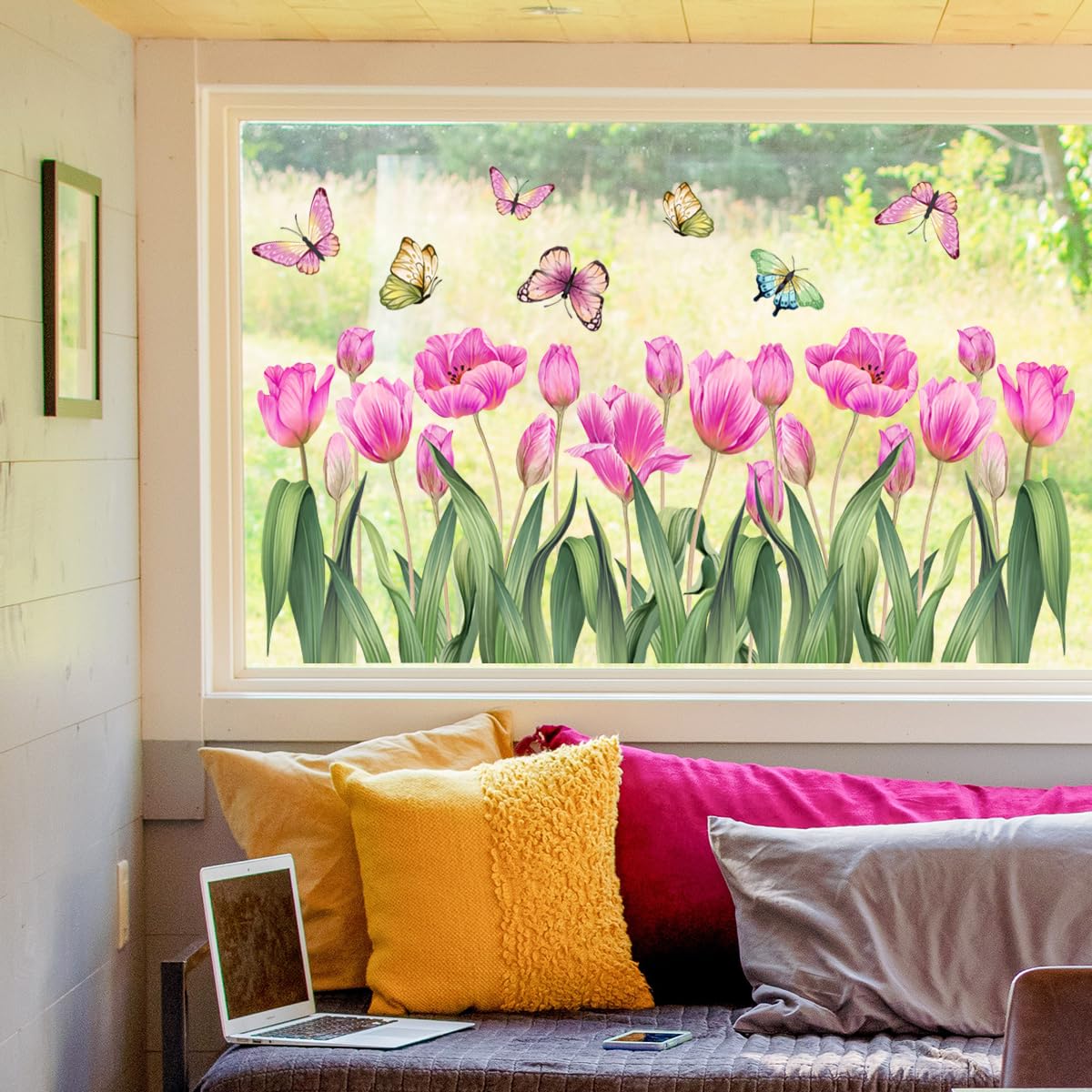 WandSticker4U®- Pegatinas ventanas primavera flores TULIPANES rosa (58x45 cm) I Vinilo ventanas flores mariposas I Decoración ventana salón dormitorio infantil cocina baño verano (no adhesivo)
