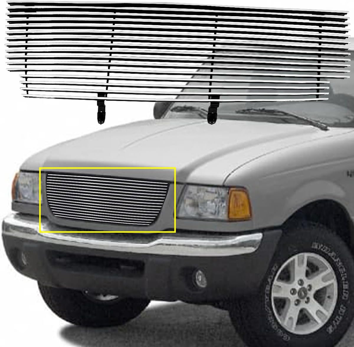 Front Grille Fits 2001-2003 Ford Ranger XLT/XL 2WD Shell Closed Billet Grill Mian Upper Grill -Mirror Polish Finish