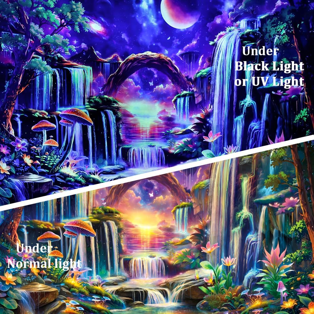 Huzuya Blacklight Fantasy Forest Tapestry Neon Waterfall Tapestries UV Reactive Galaxy Space Tapestry Colorful Floral Plants Tapestries Wall Hanging Backdrop Room Decor for Bedroom