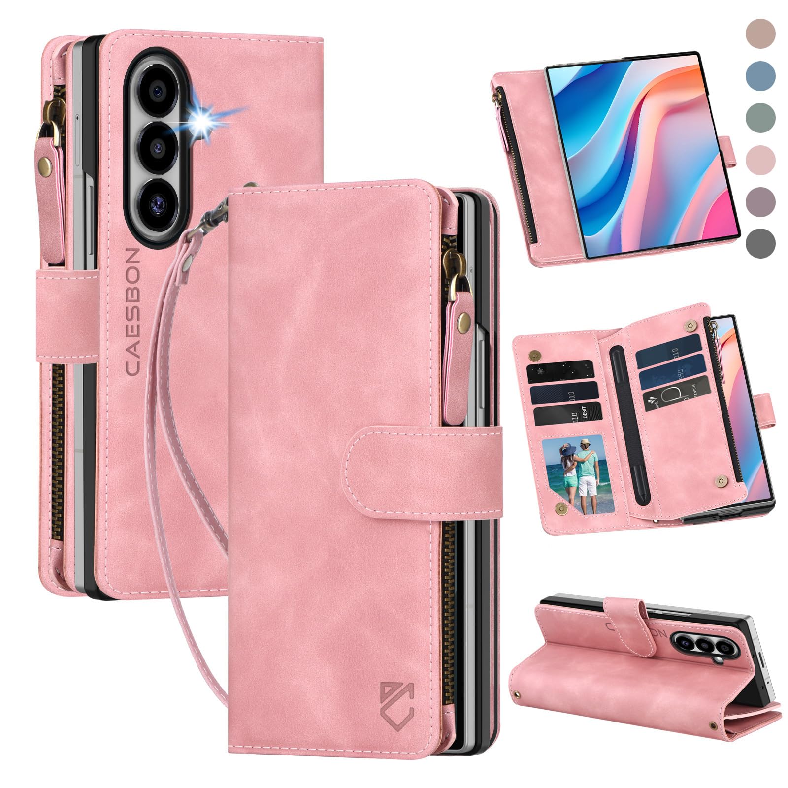CAESBON for Samsung Galaxy-Z-Fold-7 Wallet Case: with RFID Blocking Card Slots (6 Cards) & Hidden S Pen Holder | Soft PU Leather Magnetic Snap Zipper