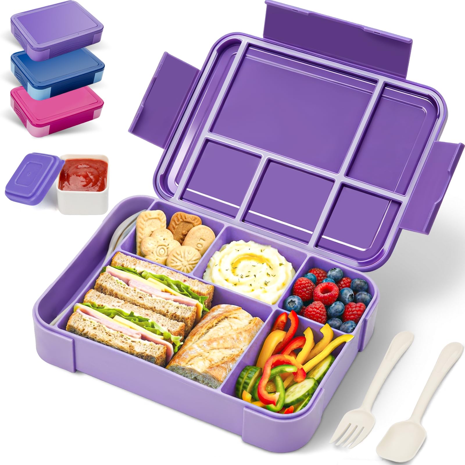 BIBURY Lunch Box Kids Adults, Leakproof Bento Box Lunchbox with 5 Compartments & Sauce Pot & Cutlery, BPA Free, Microwave Dishwasher Safe Snack Box Sandwich Box for School Boys Girls, (Purple)