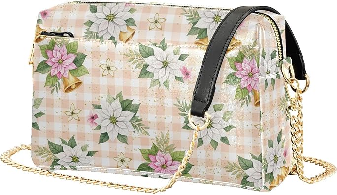Christmas Flowers Bells Pink Crossbody Purses for Women Leather Small Coss Body Phone Purses Womens Handbags Shoulder Bags for Women Travel Outings