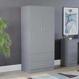 Riano 2 Door & 2 Drawer Wardrobe | Grey | Bedroom Furniture | 170H x 76W x 53D cm | with Shelf & Hanging Rail | Large Capacity Storage | With Shelf