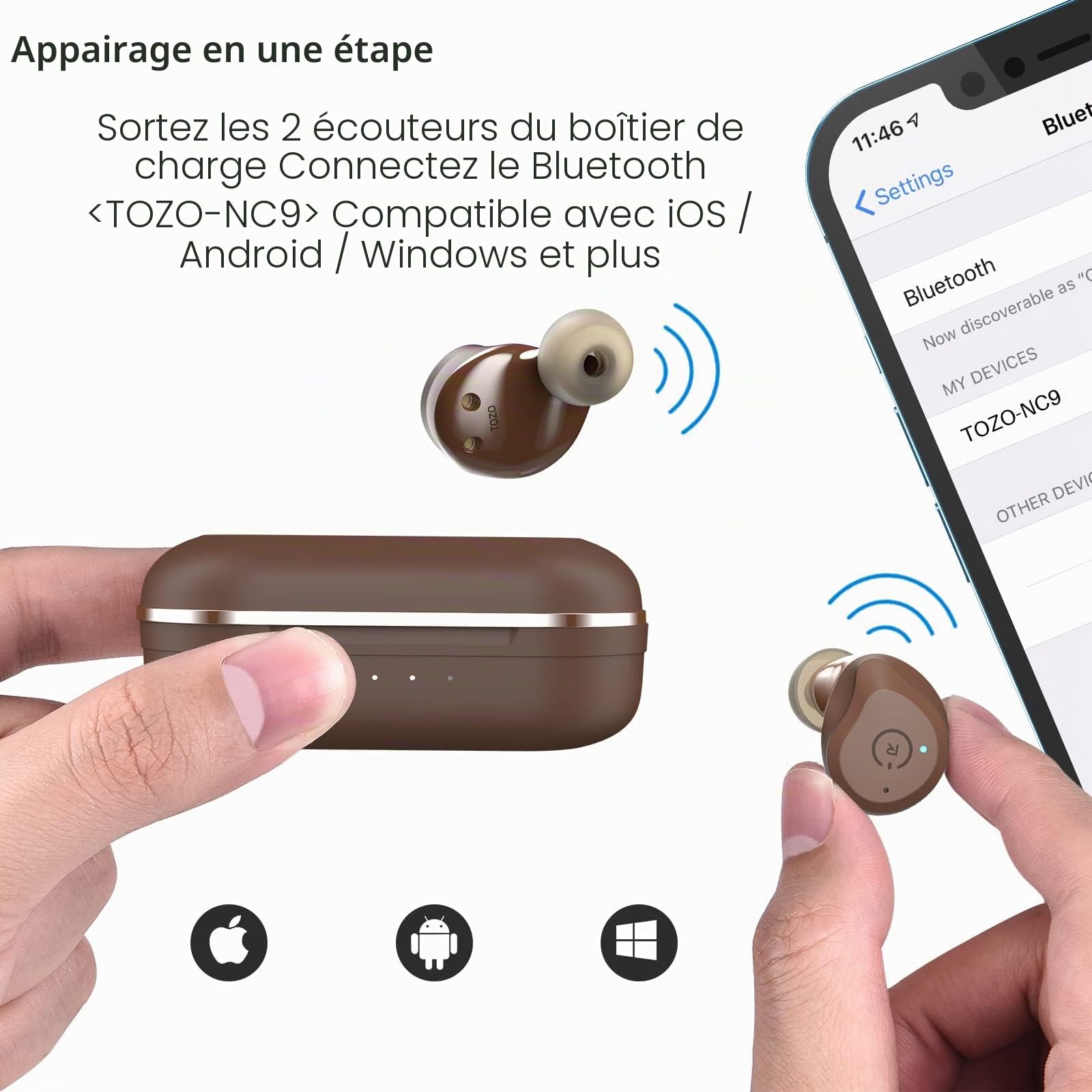 TOZO NC9 Ecouteurs Bluetooth sans Fil, Bluetooth sans Fil 5.3 avec HiFi Stéréo, ANC avec ENC Réduction du Bruit, Headphones Bluetooth 72 Heures Durée de Lecture, Contrôle Tactile (Brown)