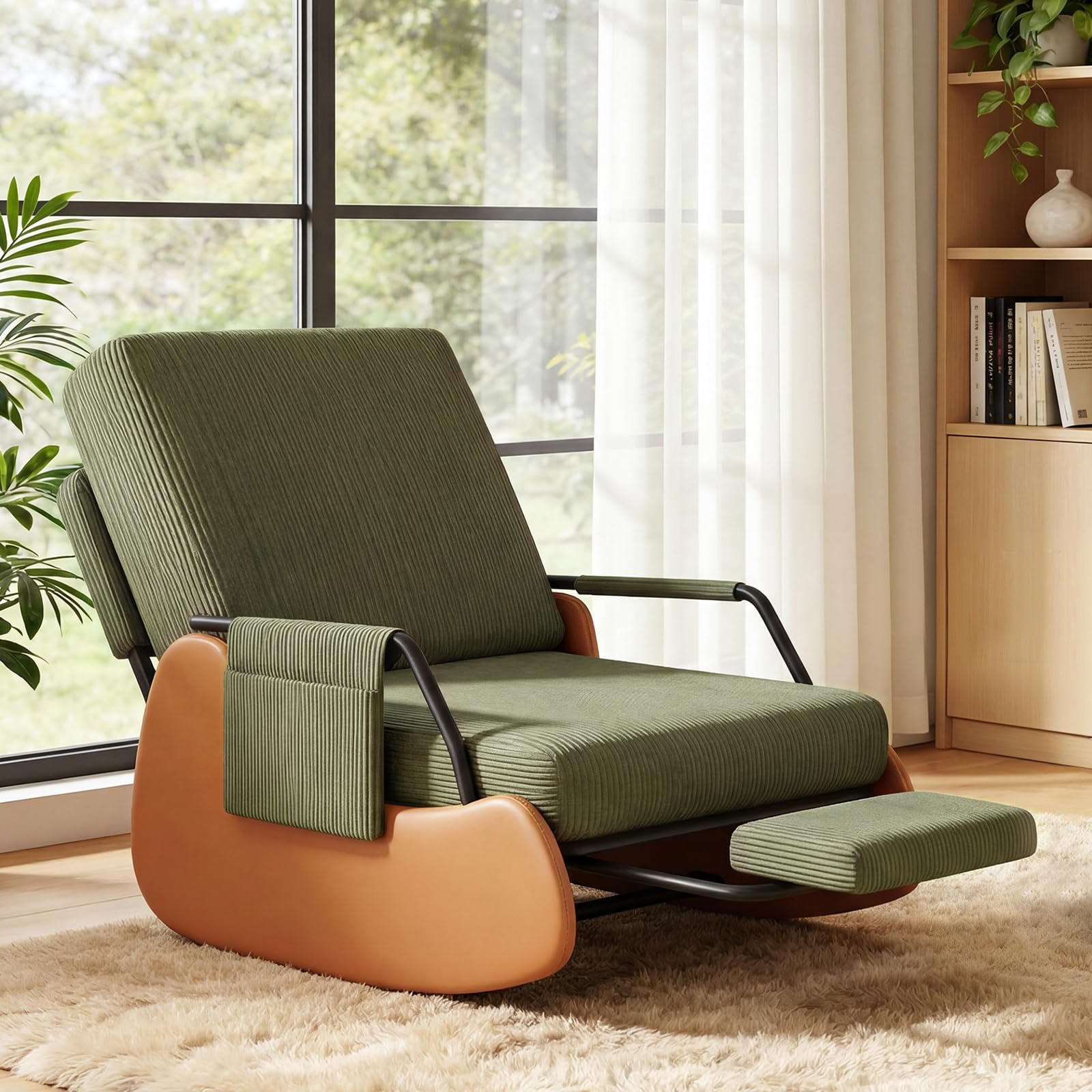 Schaukelstuhl mit Fußstütze, Schaukelsessel mit Verstellbare Rückenlehne, Gepolsterter Breiter Relaxsessel Relaxstuhl Sessel mit Seitentaschen für Wohnzimmer Schlafzimmer, Grün