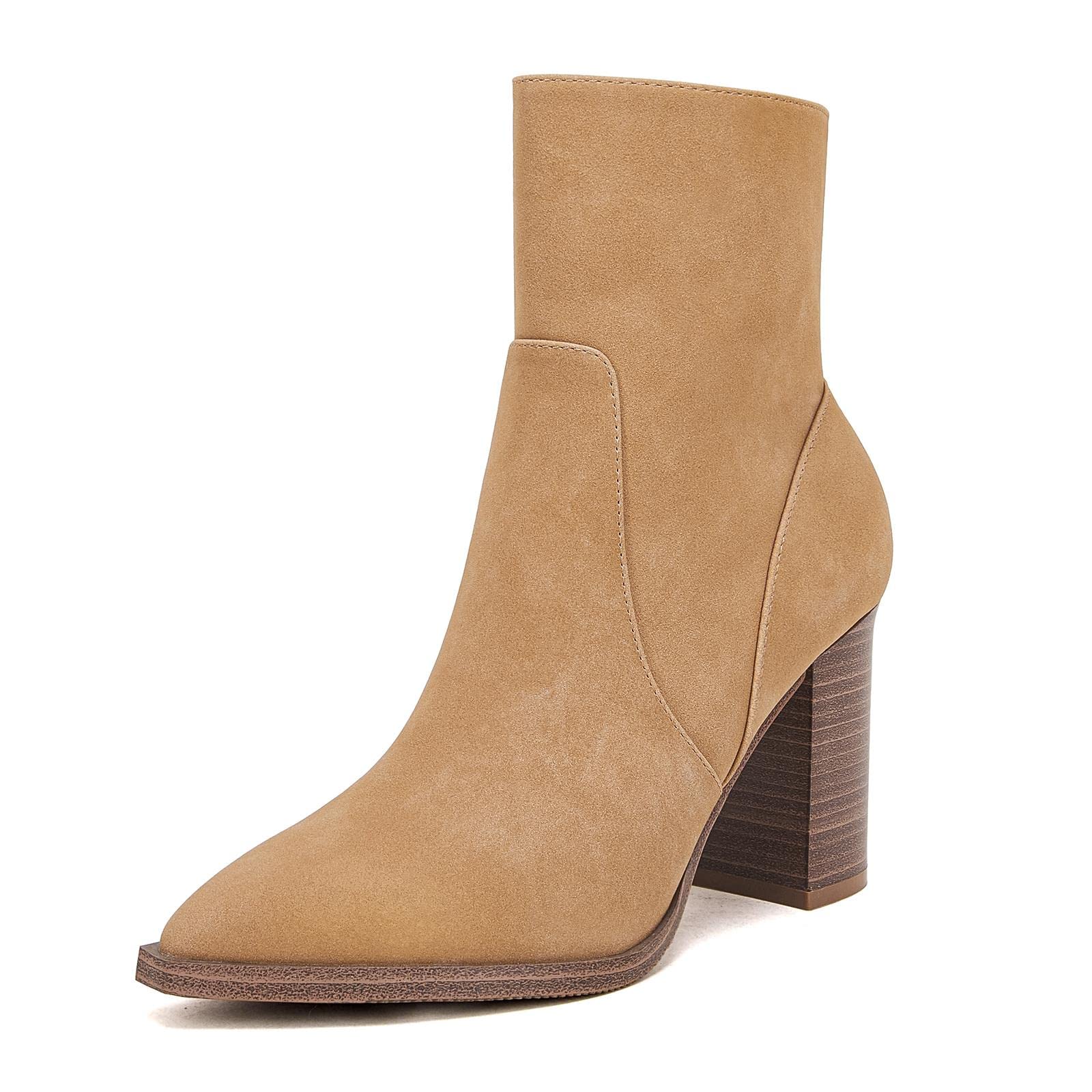 Womens Pointed Toe Ankle Boots Chunky Block Stacked High Heel Side