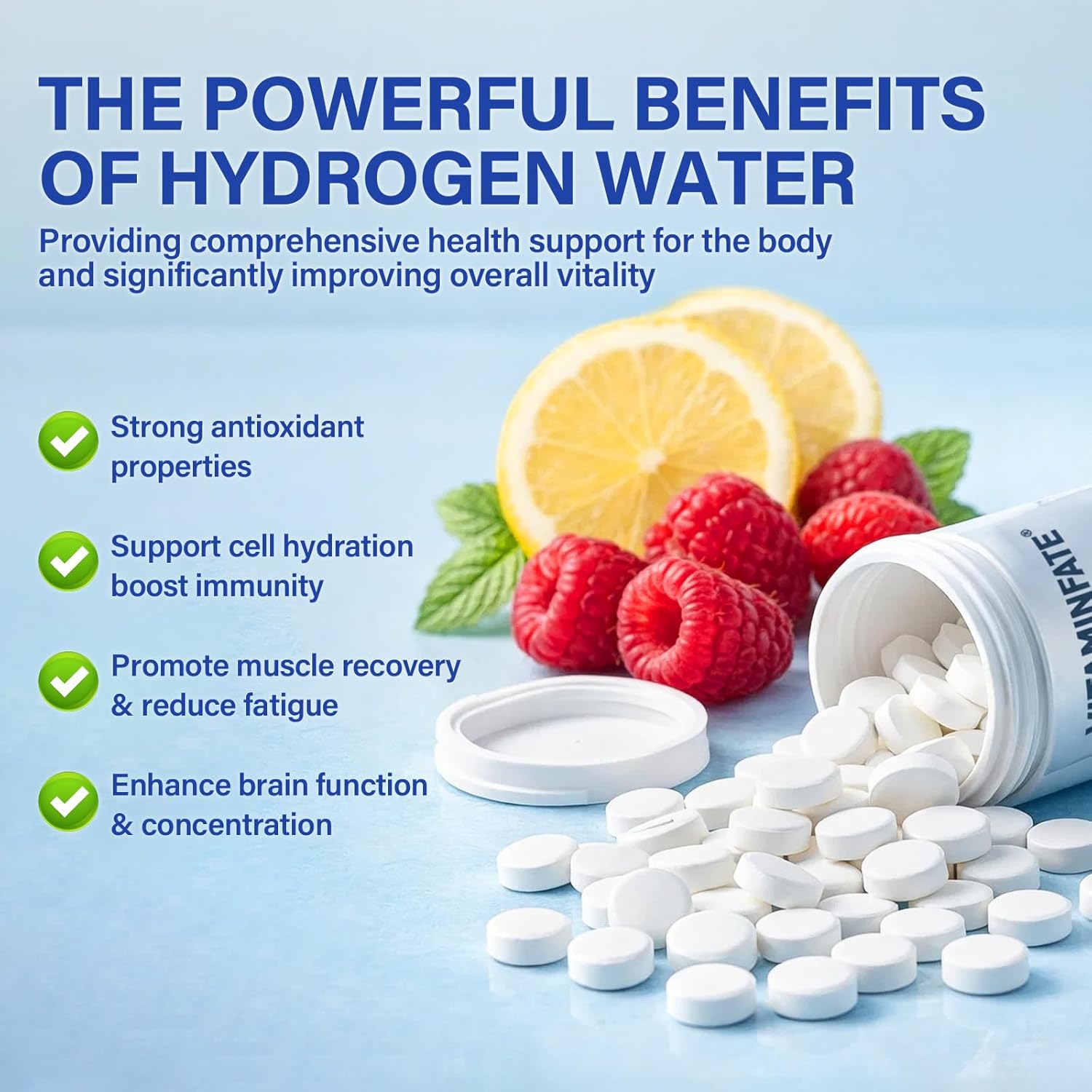 Hydrogen Water Tablets with Magnesium – 100 Counts H2 Molecular Hydrogen Tablets, Support Healthy Aging, Energy Boost & Brain Health, Lemon & Raspberry Flavors - for Home, Office & Travel