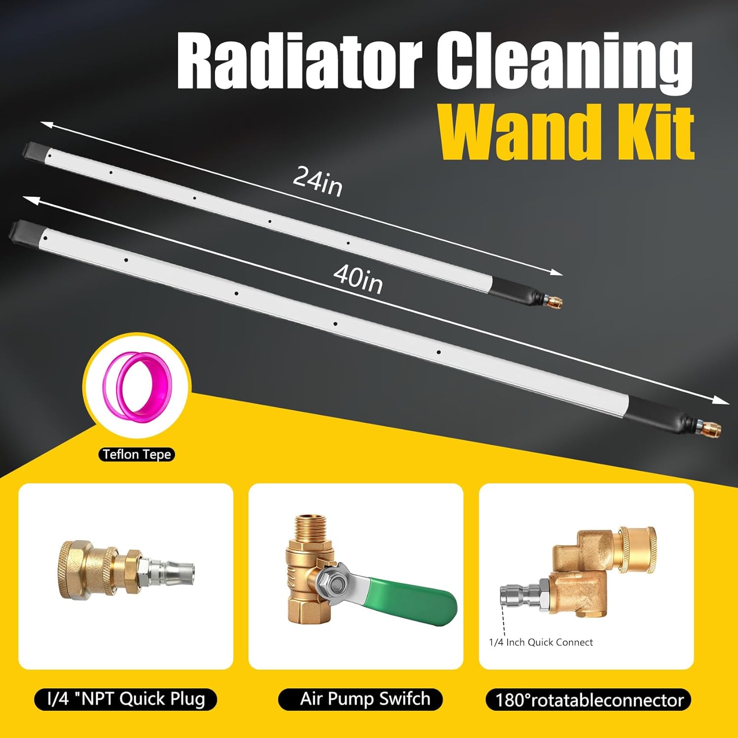 40" & 24" Radiator Cleaning Wand 2-Piece Set - 4500 PSI Stainless Steel Dual Water/Air Radiator Cleaner with Quick Connect Adapter & Nozzle Tips for Cars, Trucks, RVs, Heavy Equipment