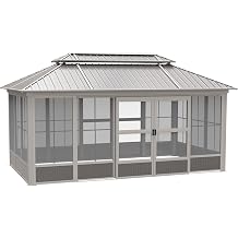 Sojag Olan 10 x 17 All-Season Hardtop Gazebo Sunroom with Sliding Doors and Galvanized Steel Double Roof, Beige