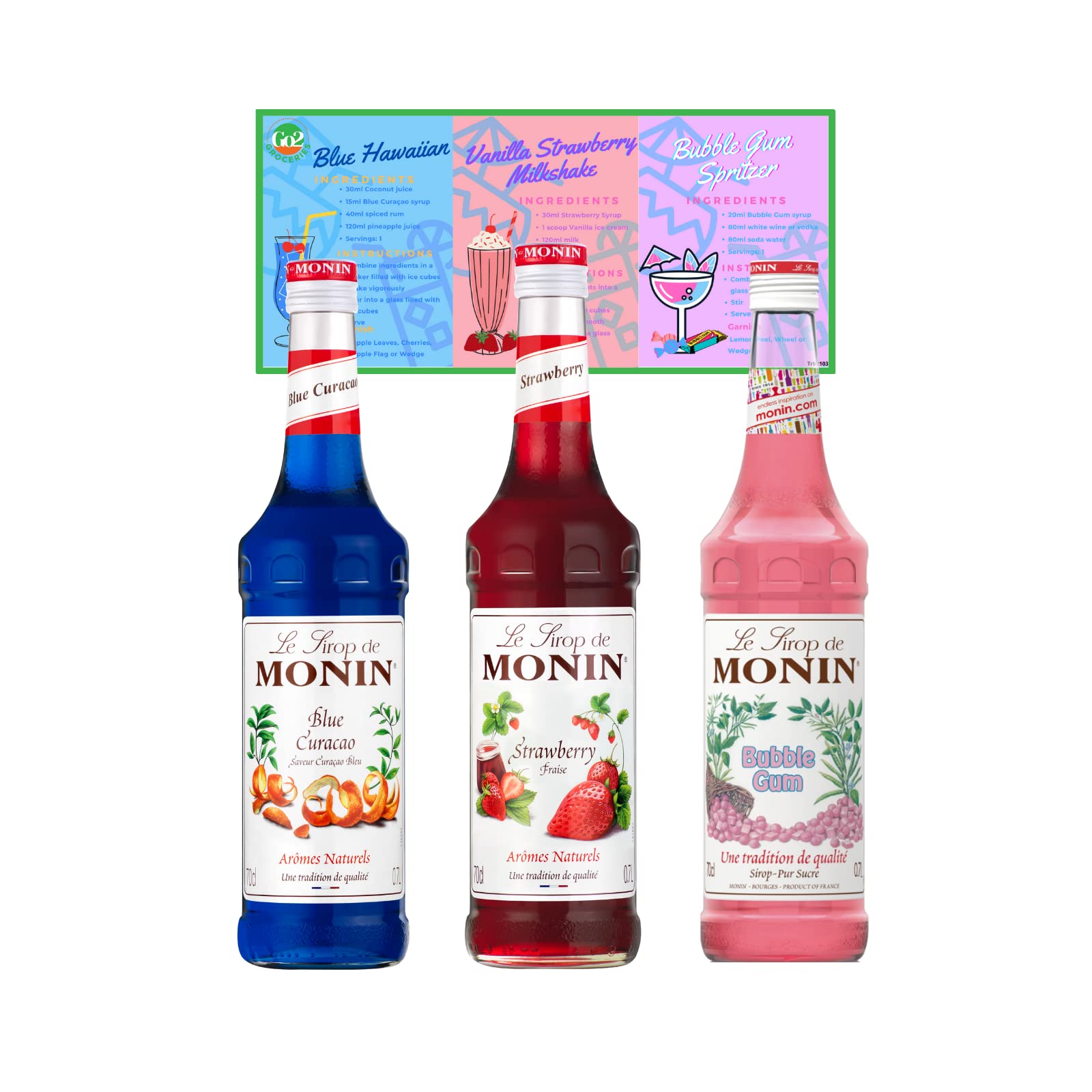 Cocktail Syrup Bundle Contains Monin Premium Strawberry, Blue Curacao, and Bubble Gum Syrup (700ml each) with Recipe Cards