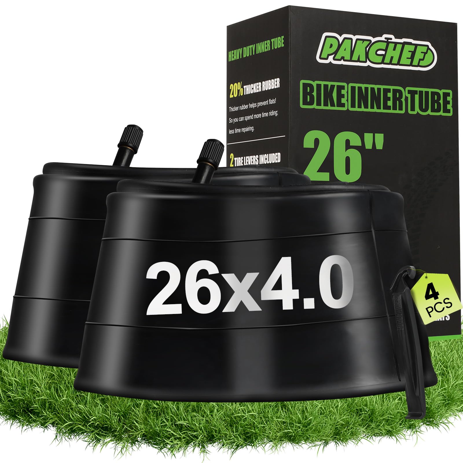 PAKCHEF 26 x 4.0 Fat Bike Tube Schrader Valve Heavy Duty Butyl Rubber Inner Tube for Road/MTB/E Bike with 2 Tyre Levers - (Pack of 2)