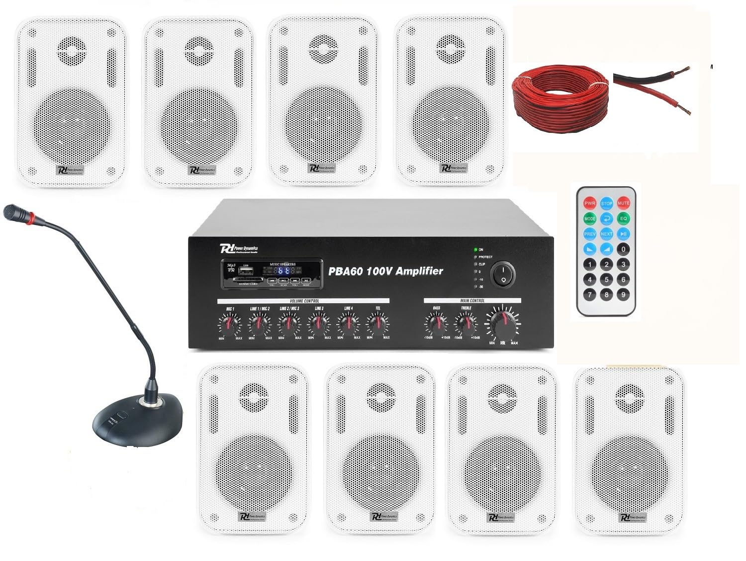 Impianto Audio Filodiffusione 8 Altoparlanti Parete Bluetooth 100Mt Cavo Microfono Casse Bianche