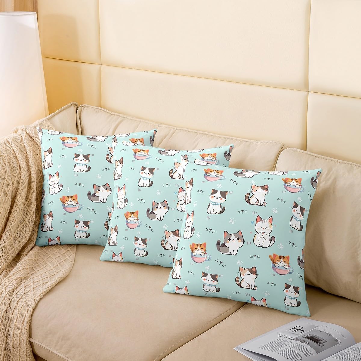Feelyou Cartoon Cat Square Cushion Covers Set of 2, for Kids Kitten Cat Pillow Covers Pet Cats Throw Pillow Covers Animal Cushion Covers for Couch Sofa 22 x 22-Inch