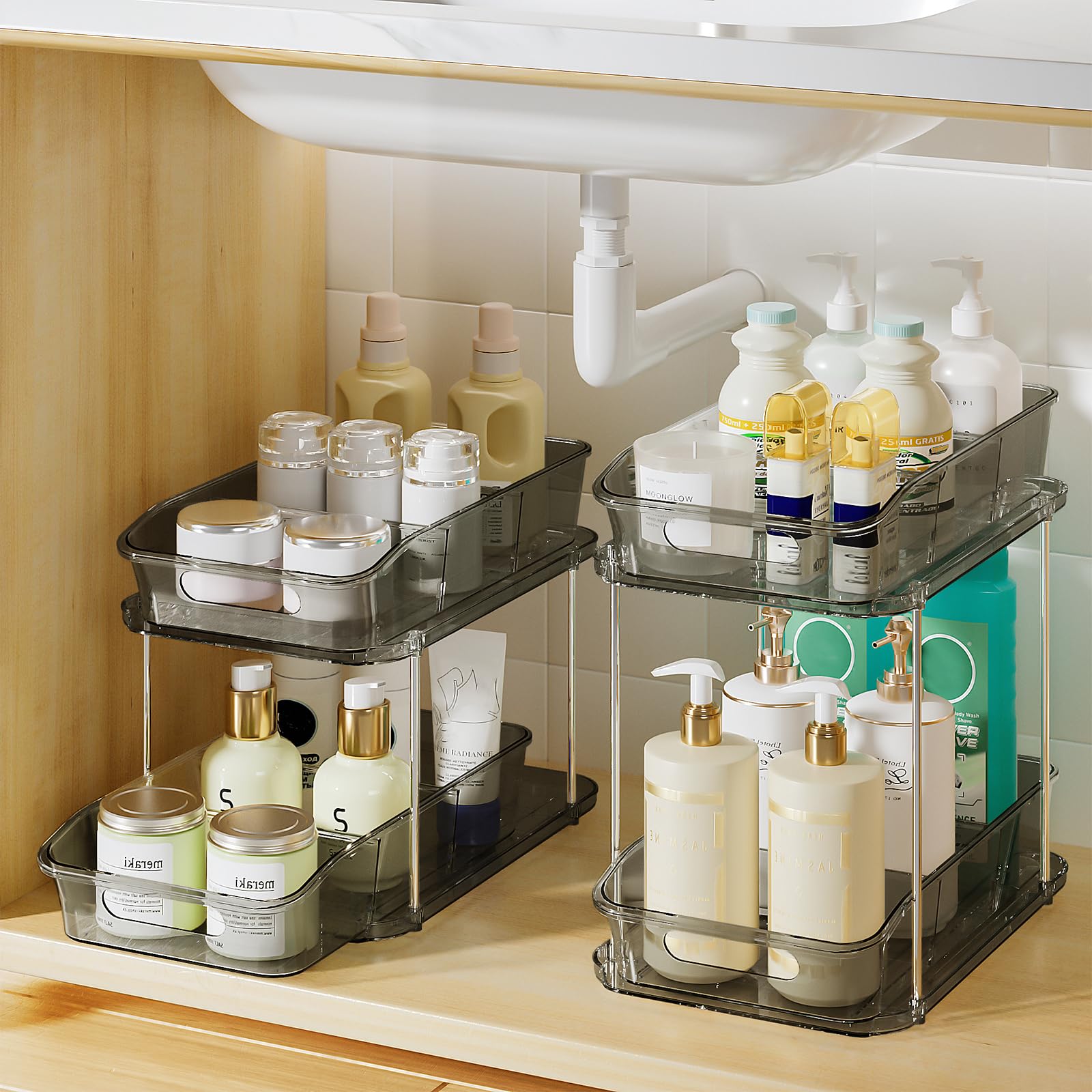 Delamu 2-Tier Under Sink Organizers and Storage, Multi-Purpose Stackable Bathroom Cabinet organizers, Pull Out Kitchen Pantry Organization and Storage with Dividers(2 Pack, Grey)
