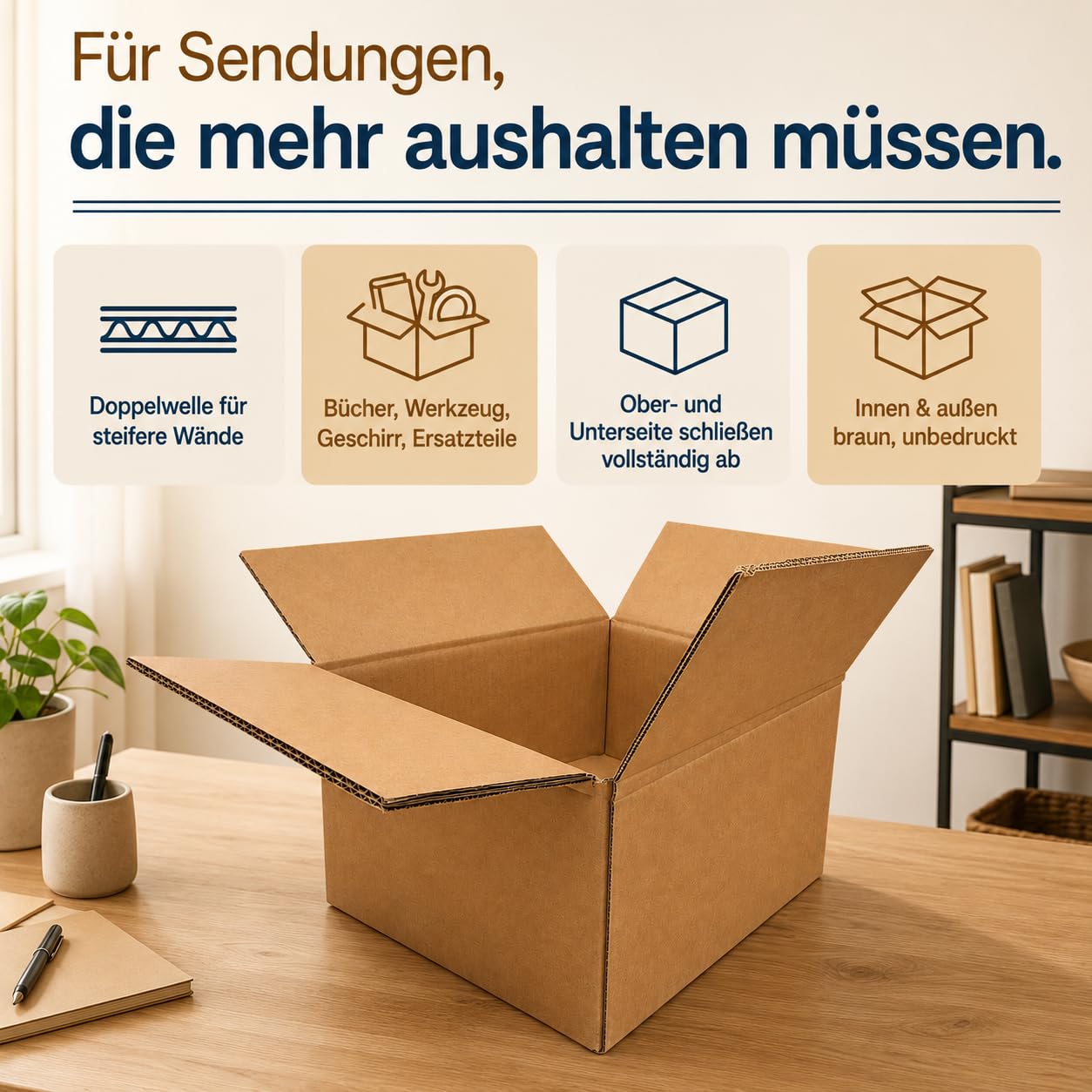 GiDeli Versandkartons Mittel 2-wellig 33x26x13,5 cm Braun 50 Stück - Wellpappe BC-Welle, Faltkarton FEFCO 0201 - Verpackungsmaterial für Warensendung - Onlinehandel - Flach angeliefert