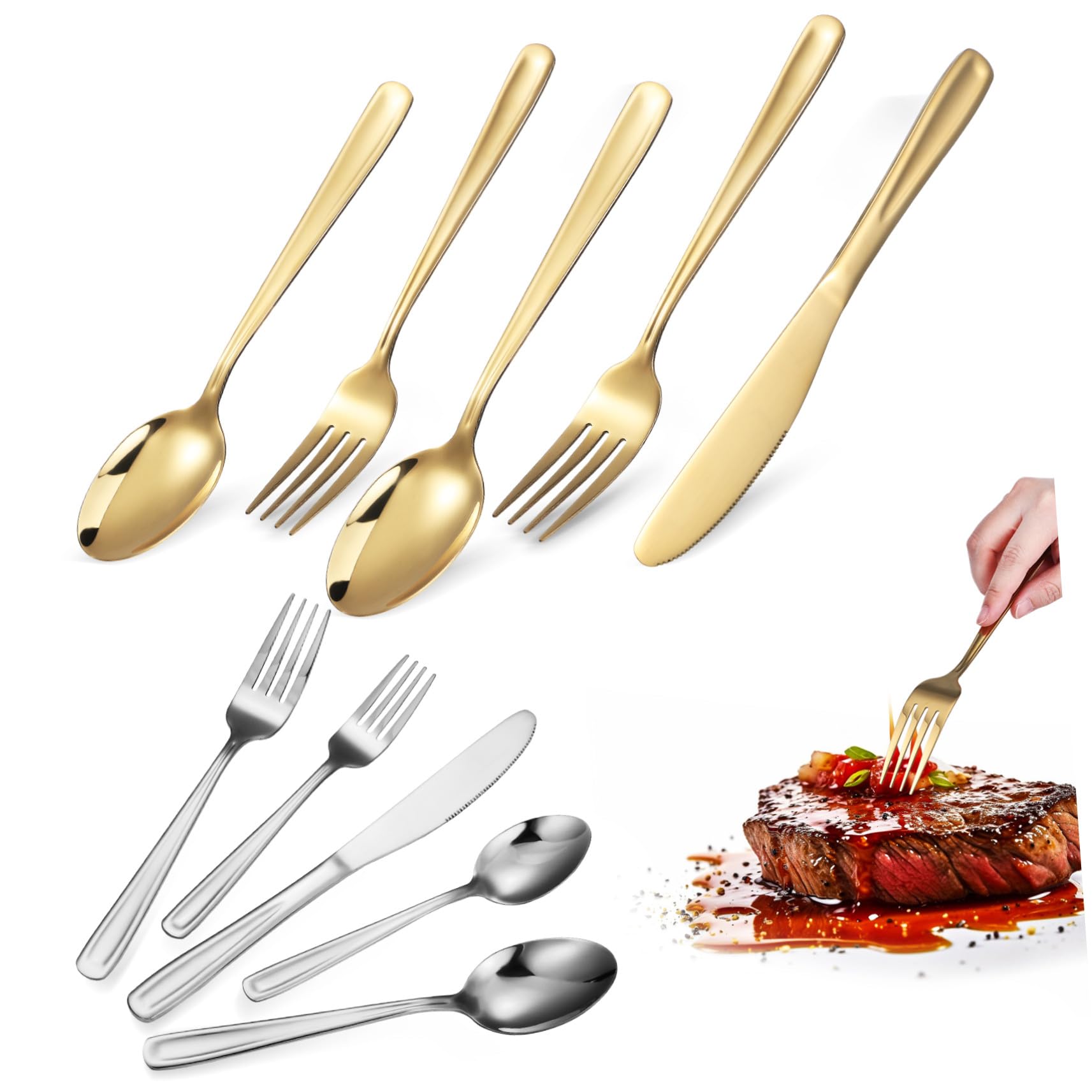 2 Impostati Posate Steak in Acciaio Resistente con Coltelli e Cucchiai Ergonomici Kit da Tavola per Casa Ristorante e Picnic Facile da Pulire