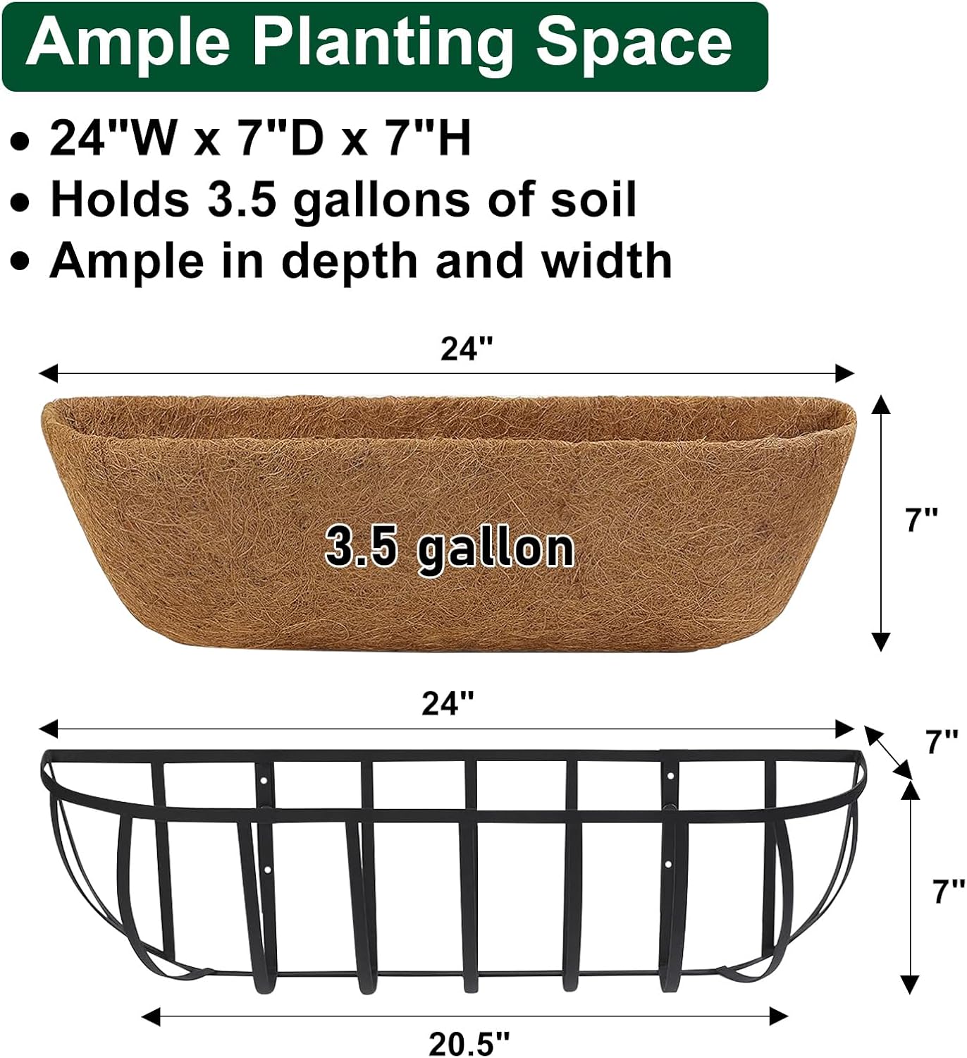 DUNCHATY Railing Planter Window Box 24 Inch 2 Pack - Horse Trough Planter with Coco Fiber Liner for Deck Balcony Porch Fence - Metal Outdoor Flower Box for Railing
