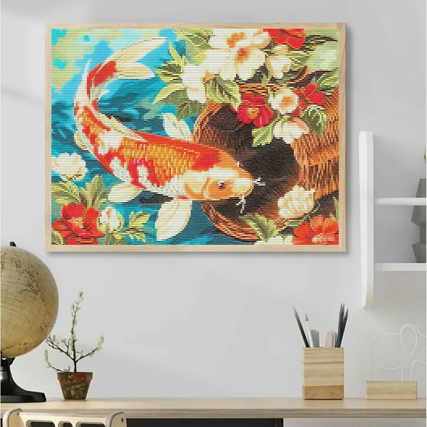 MIJVFNB Lotus Pond Cross Stitch Stamped Kits, A Beautiful koi Fish, Creative Cross Stitch Kit Colorful Patterns with Pre-Printed Fabric 11CT, 12x16 inch