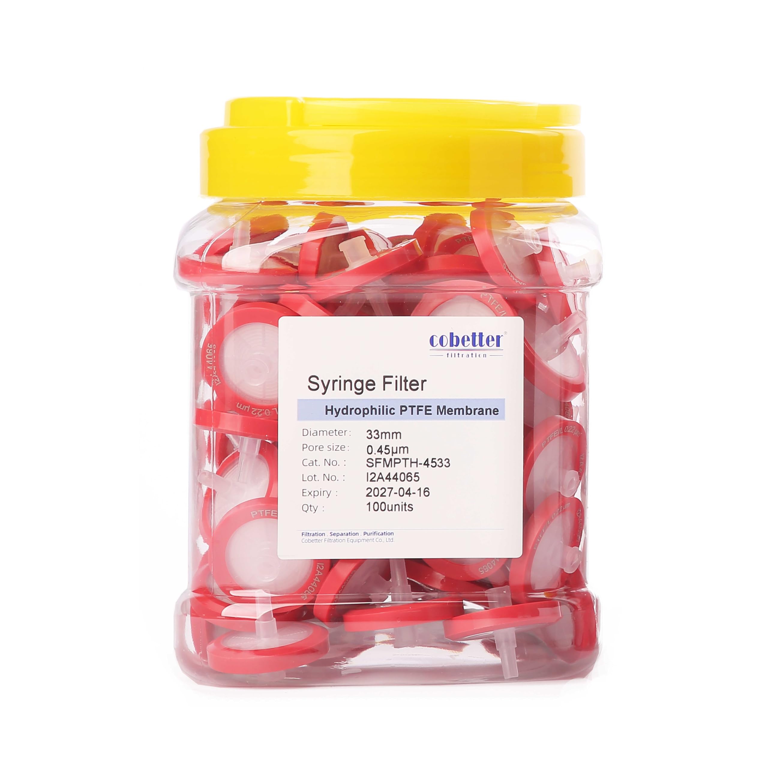 Paquete de 100 filtros de laboratorio PTFE hidrofílicos de 0,45 μm, tamaño de poro de 33 mm de diámetro, filtración, no estériles, color rojo