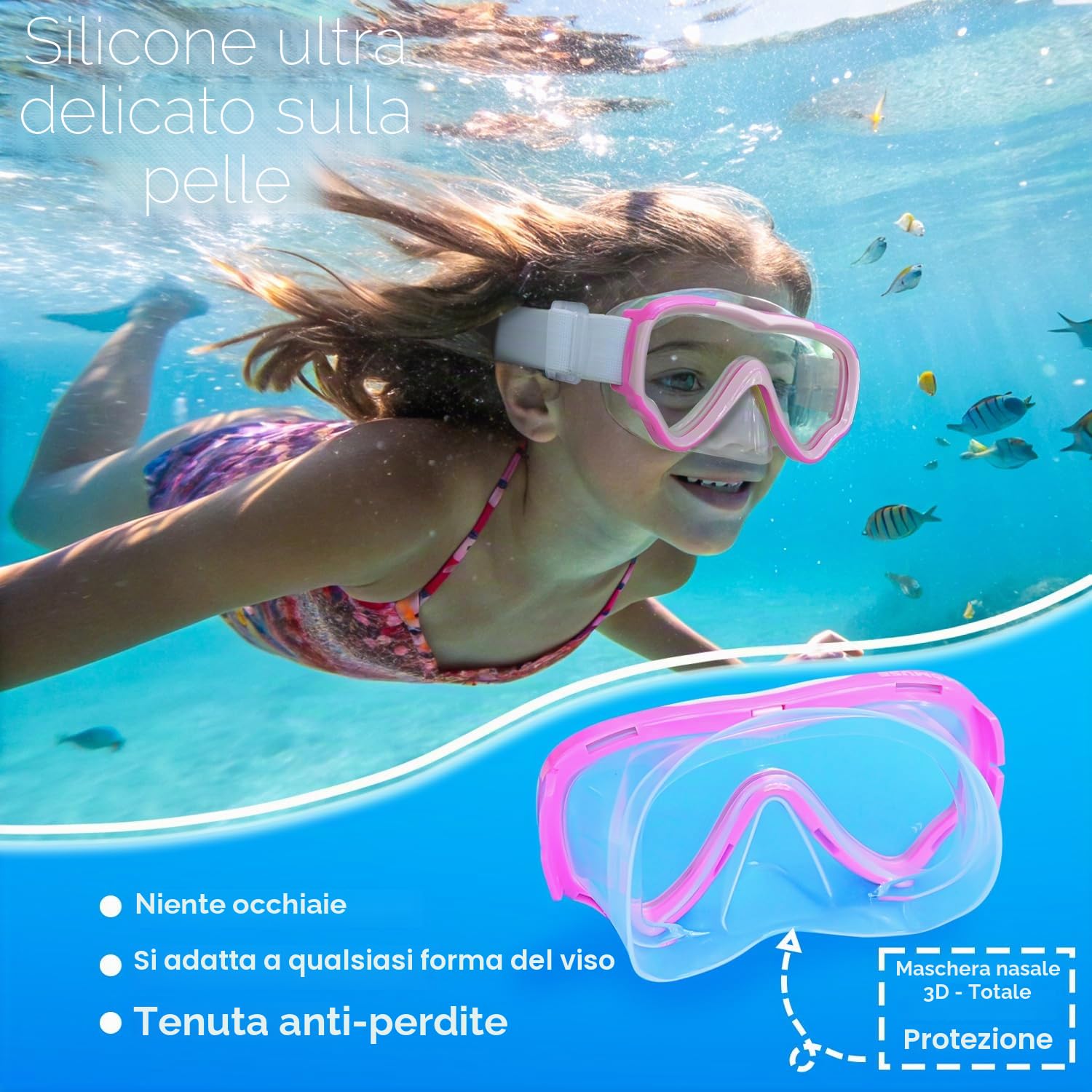 Occhialini Nuoto Bambini con Cinturino in Tessuto Morbido, MOMUSE Occhialini Piscina Bambino con Copertura per il Naso 3D, Maschera Snorkeling per Bambino Bambina 3-14 Anni