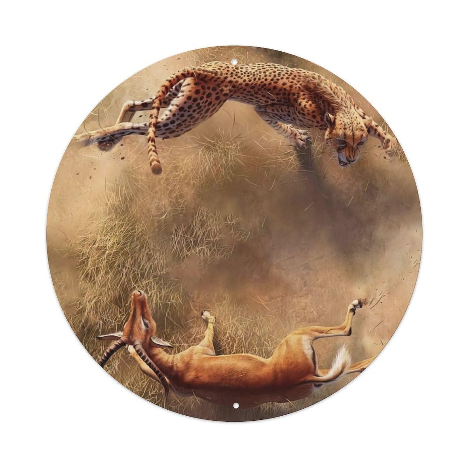 Cheetah Hunting Impala African Savannah Wildlife Action Dynamics Vintage Metal Tin Sign Plaque Wall Decor for Cafe, Club Bar, Office, Garden Metal Poster 8x8Inch