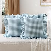 Vista 80 de Paquete de 2 fundas de almohada europeas a cuadros azul polvoriento, blanco, a cuadros, 100% algodón lavado, a cuadros, estilo francés, rústico