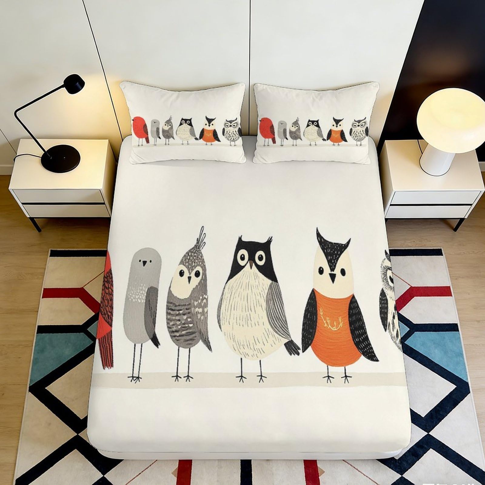 3D Printed Cartoon Owl Fitted Sheet Microfiber Soft Breathable Bird Pattern Mattress Cover for Bedroom Dorm Decor 90x200x25cm