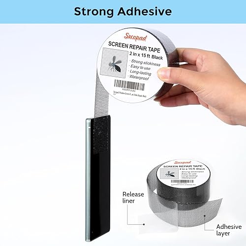 Miniatura 3 de Cinta de Reparación de Malla de Ventana Negra, 2 pulgadas X 15 pies (180 pulgadas) Kit de Reparación de Malla para Ventanas o Puertas, Cinta de