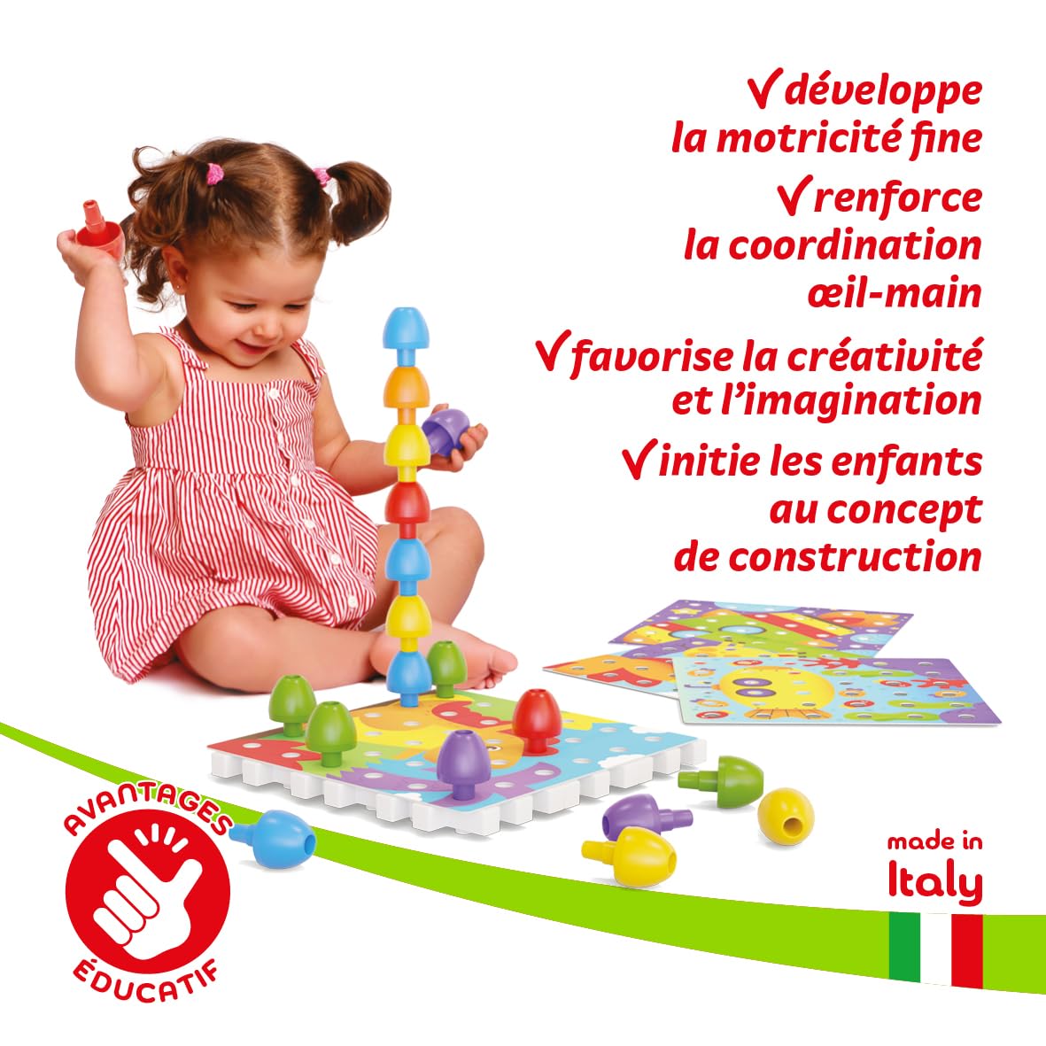 Quercetti Jumbo Peggy 45 pcs Jeux de Construction Mosaique Enfant 2 Ans + Motricité Fine Made in Italy