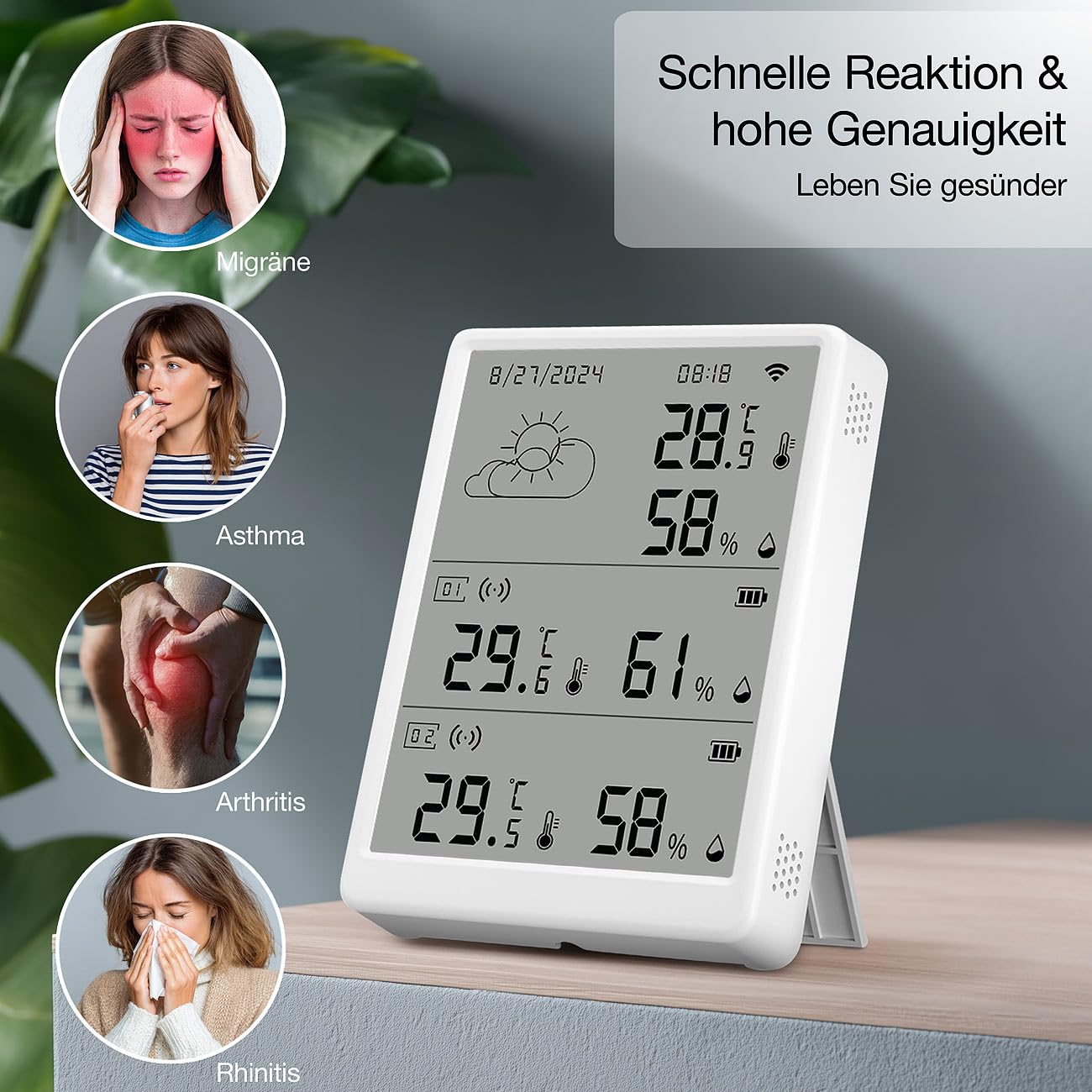 Luminea Home Control Datenlogger: WLAN-Temperatur- & Luftfeuchtigkeits-Set mit Display, 5 Sensoren (Thermometer Hygrometer Uhr, WiFi-Hygrometer-Thermometer-Sensor, WC)