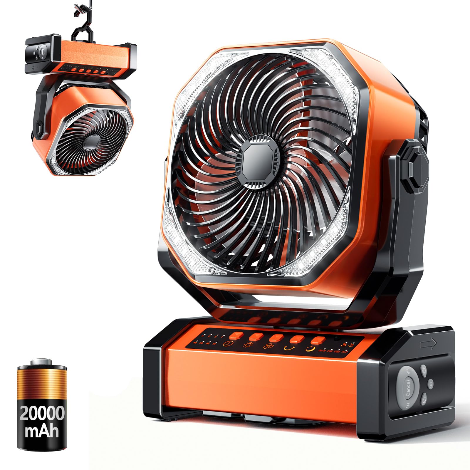 Camping LED Fan with Light, 20000mAh Rechargeable Battery Powered Outdoor Tent Fan with Light and Hook, 4 Speed, Personal USB Desk Fan for Camping, Fishing, Power Outage,Hurricane, Worksite