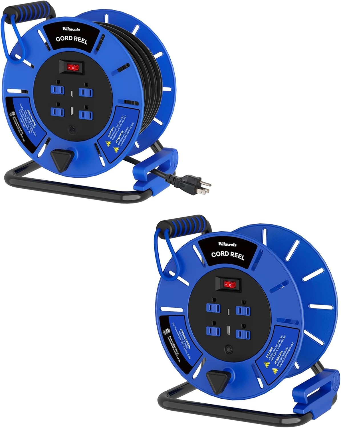 80 FT Retractable Extension Cord Reel and Extension Cord Storage Reel with 4-Grounded Outlet & 2 USB Port Bundle, for Indoor Outdoor Use U80ACR06-U85CR06