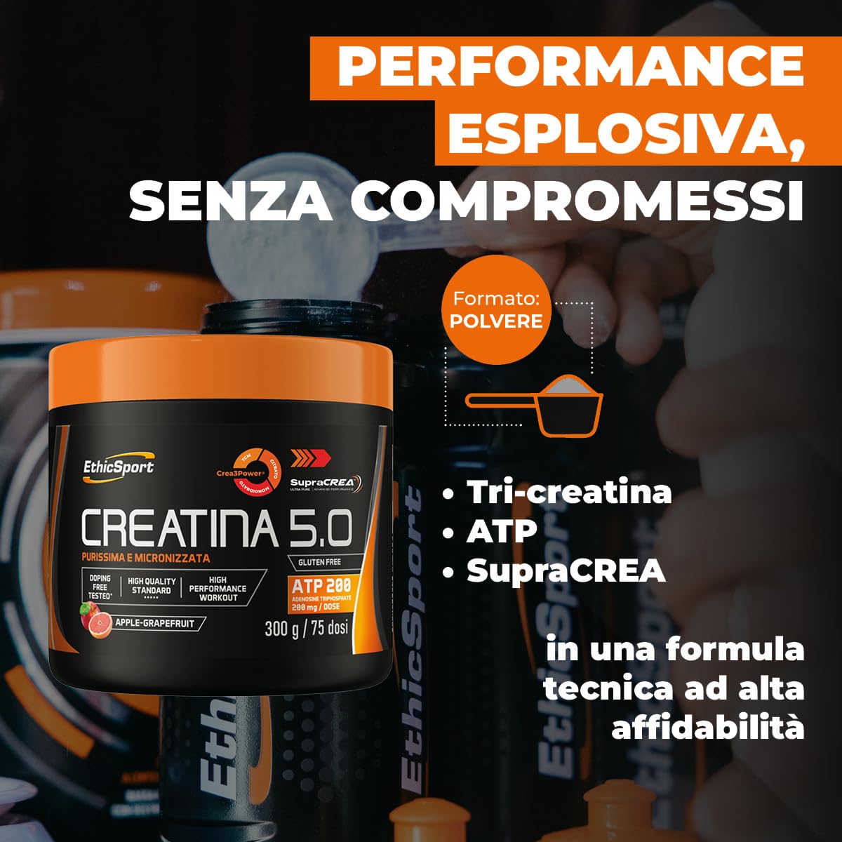 EthicSport CREATINA 5.0 – Creatina evoluta a base di SupraCREA®, con Crea3Power e ATP 200mg – Incrementa le prestazioni fisiche in attività brevi e intense** – doping free tested – 300g