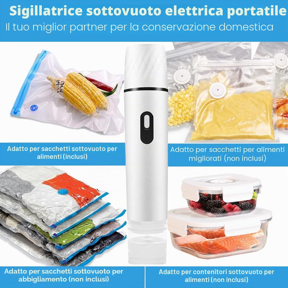 Sigillatrice sottovuoto portatile per alimenti, mini sigillatrice sottovuoto elettrica, ricaricabile, con 10 sacchetti sottovuoto riutilizzabili, per conservare e conservare gli alimenti