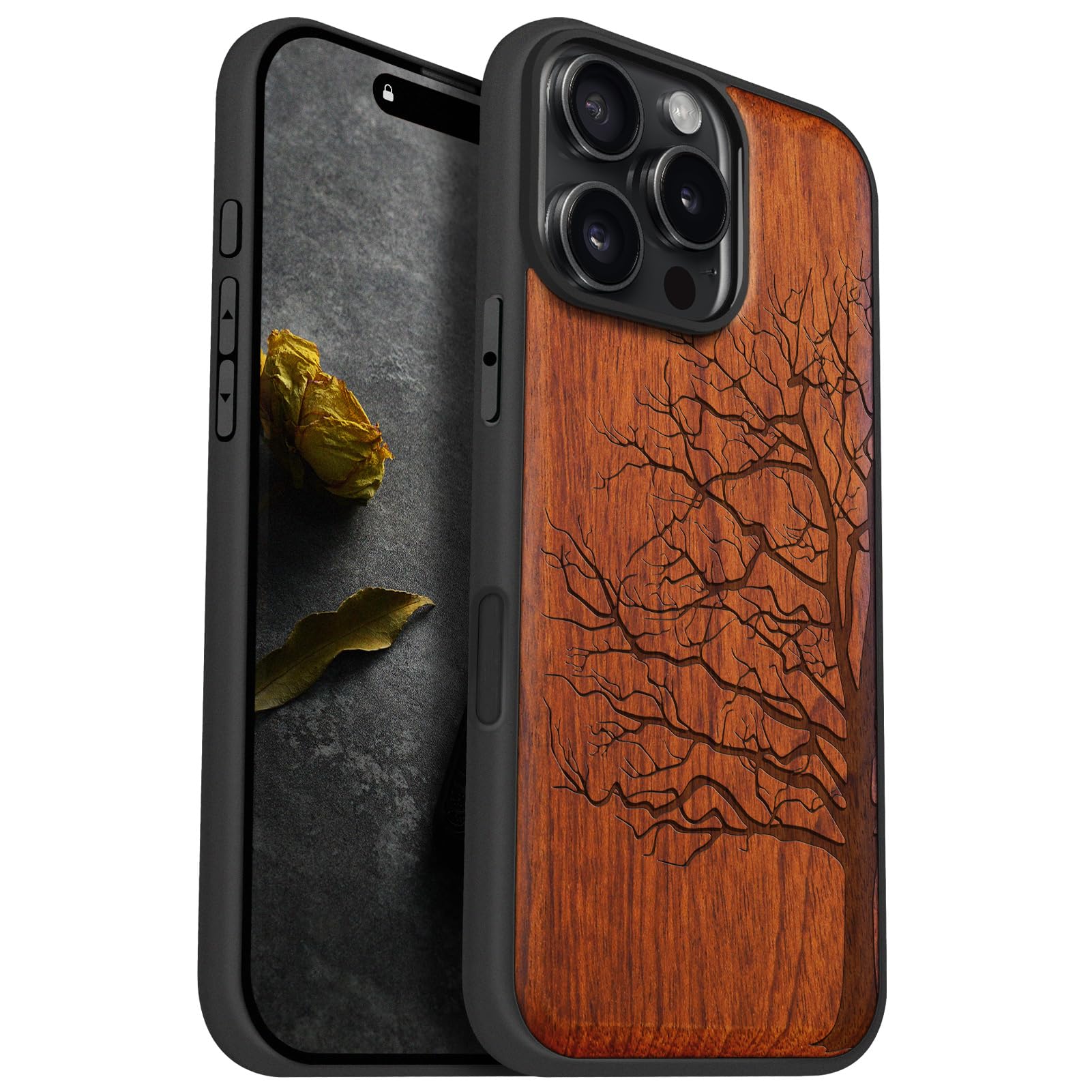 Carveit Magnetic Wooden Case for iPhone 16 Pro Max (Eternal Tree, Red Wood), Solid Wood & Black Soft TPU
